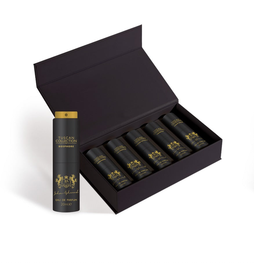 Set of Tuscan Collection perfume bottles with a black box on a white background. House Of Perfumes India