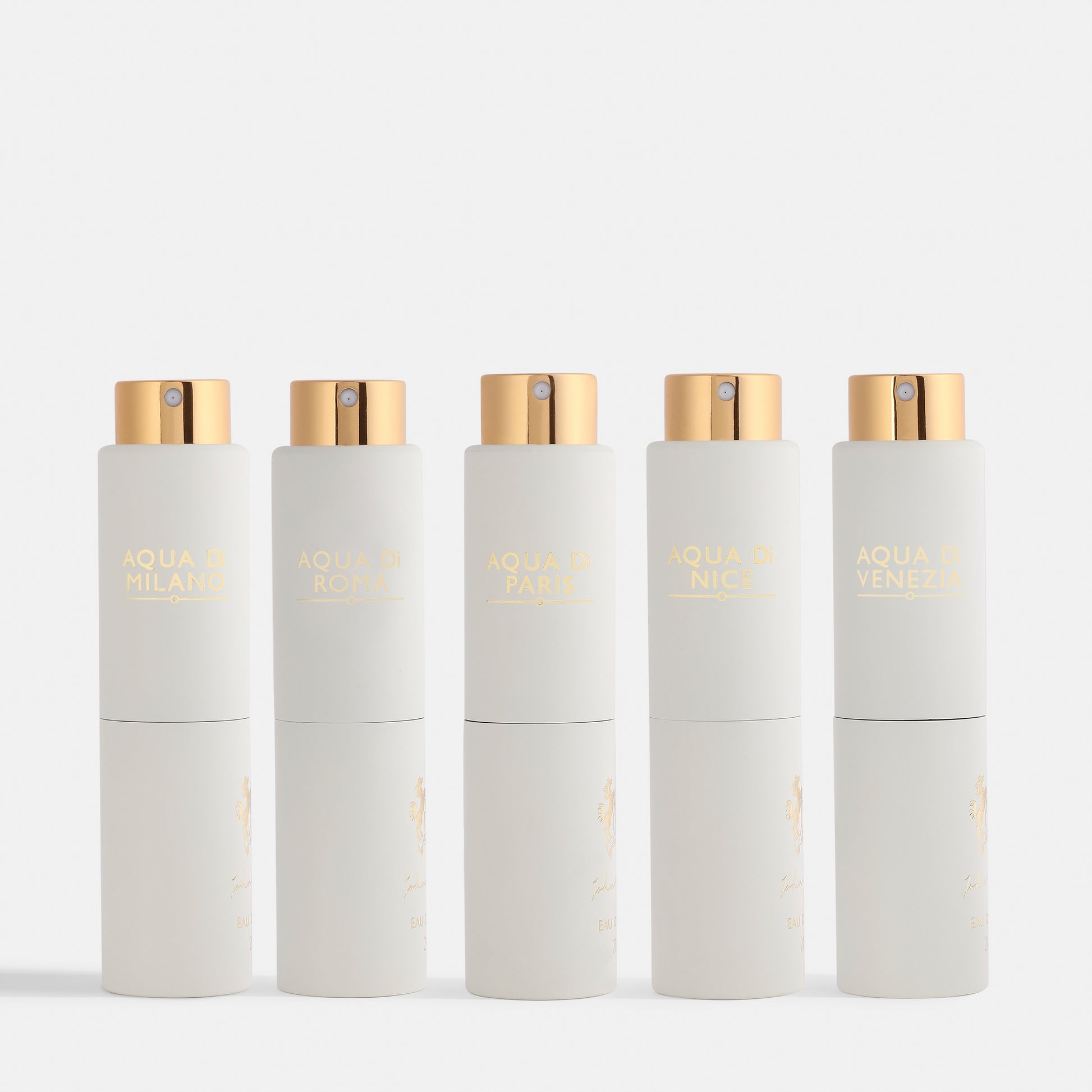 Five white skincare bottles with gold caps on a white background. House Of Perfumes India