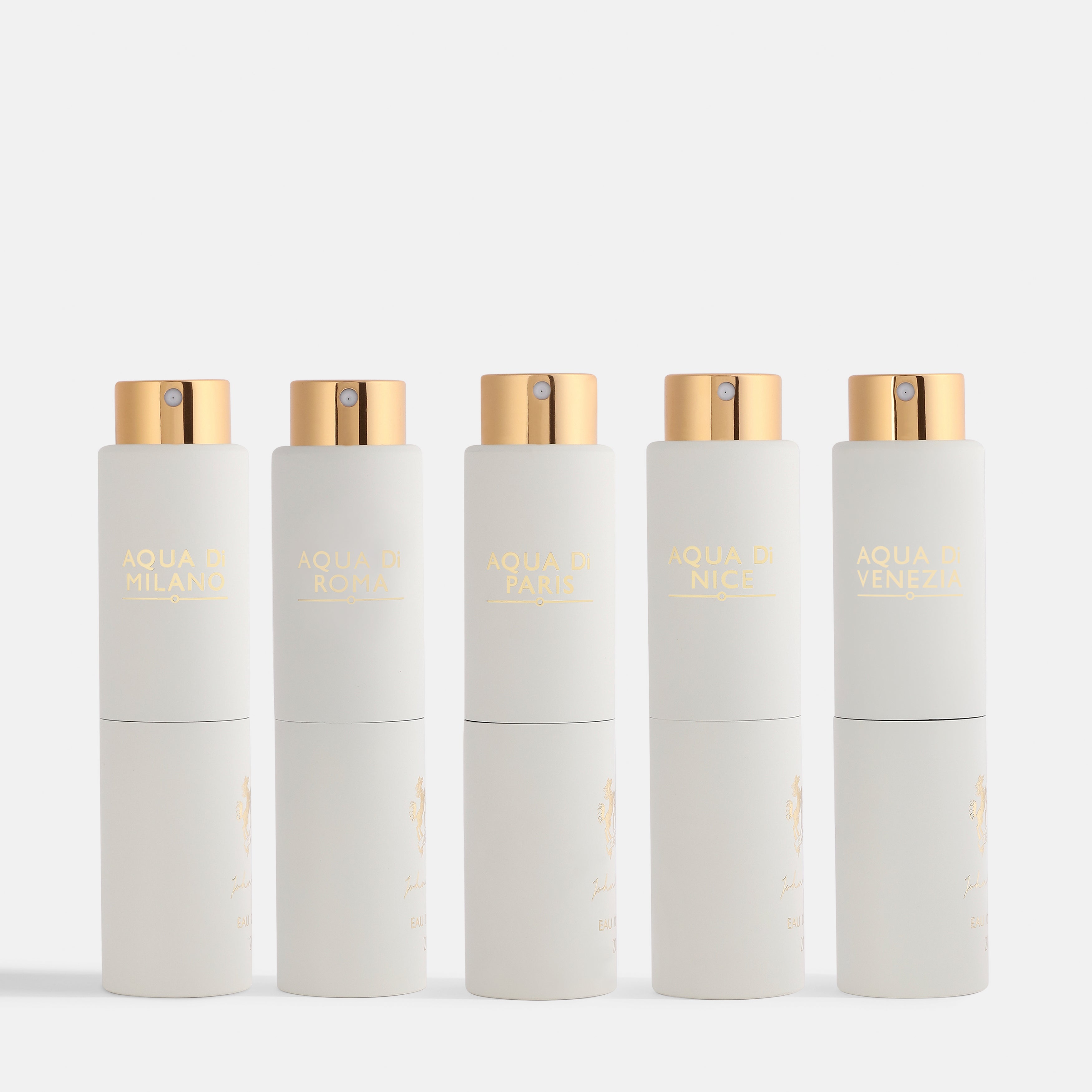 Five white skincare bottles with gold caps on a white background. House Of Perfumes India