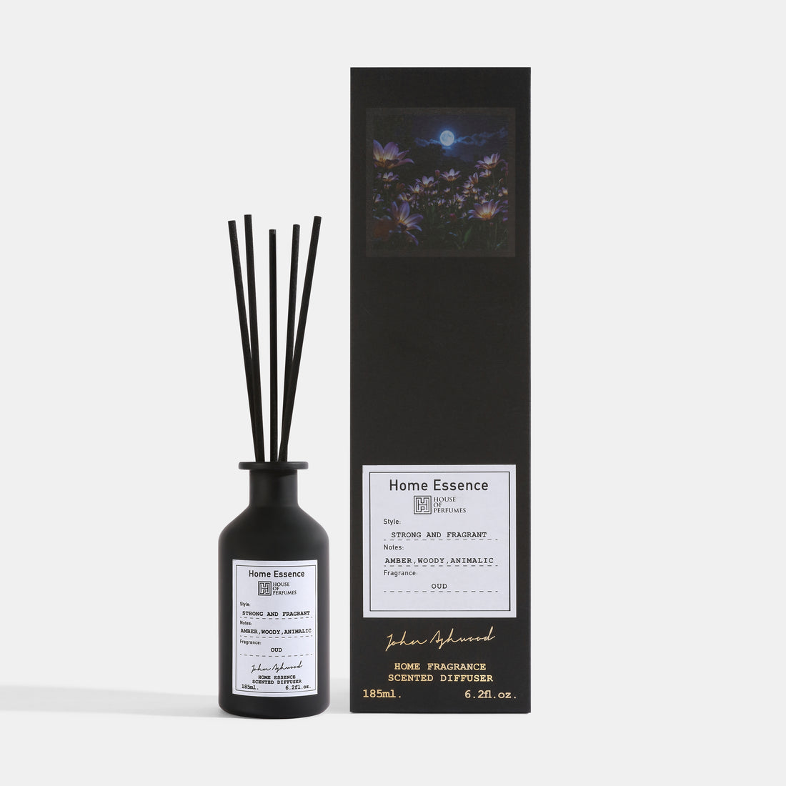 Black Oud Home Essence diffuser bottle with sticks and packaging on a white background