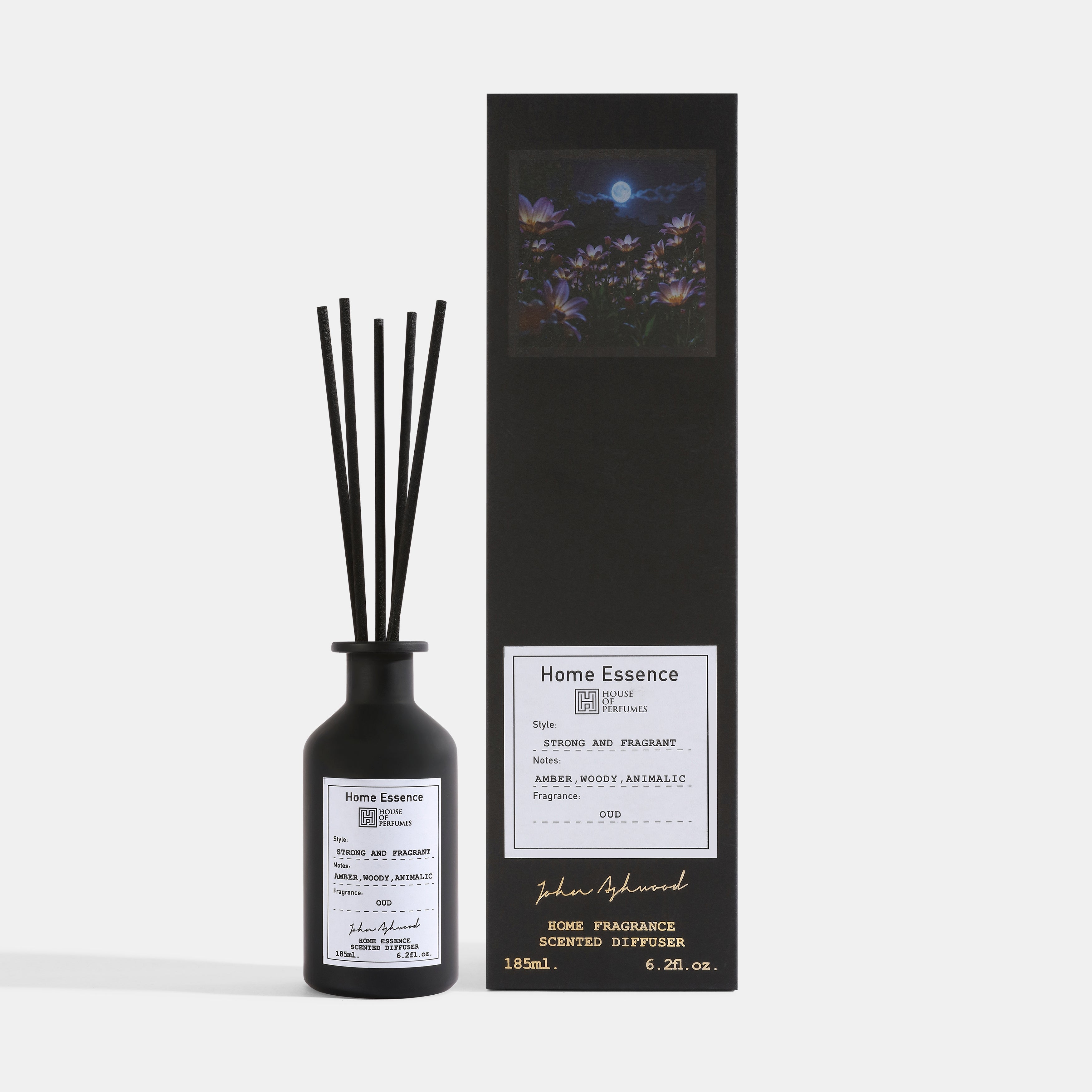 Black Oud Home Essence diffuser bottle with sticks and packaging on a white background