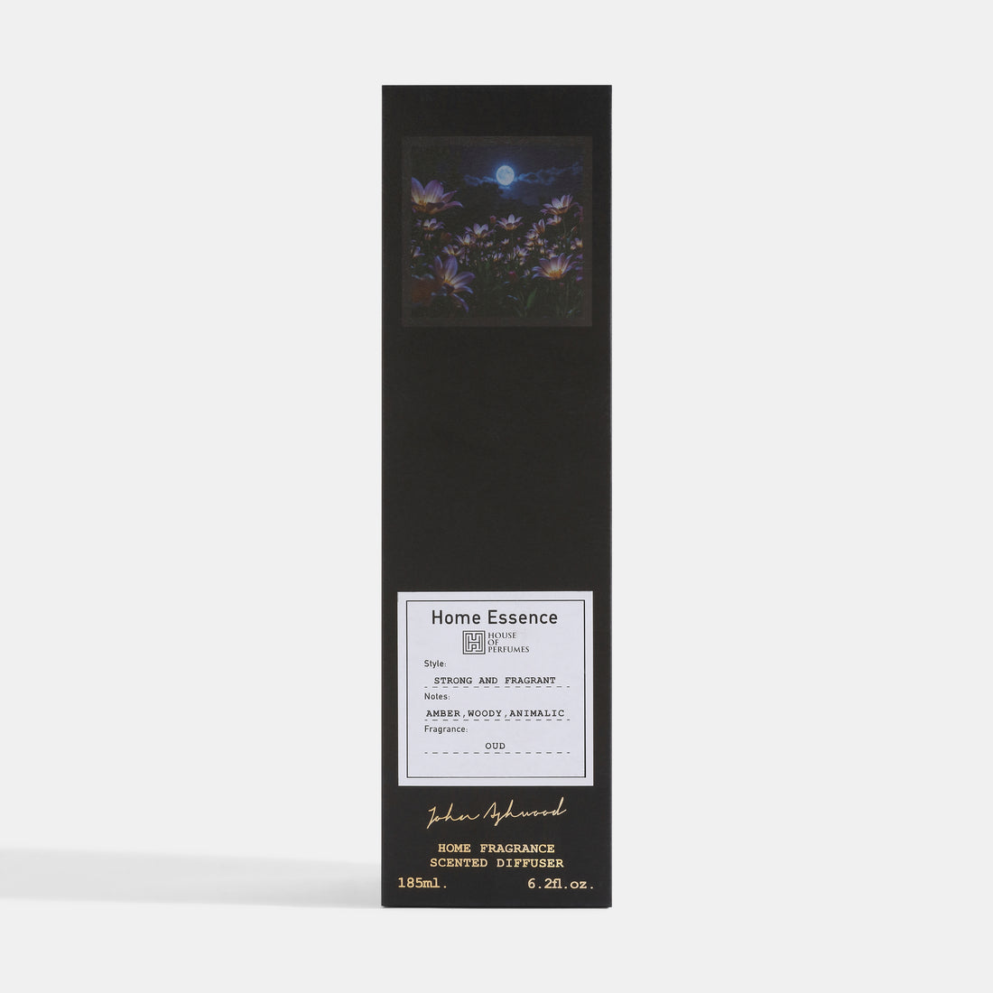 Black Oud Home Essence diffuser bottle with sticks and packaging on a white background