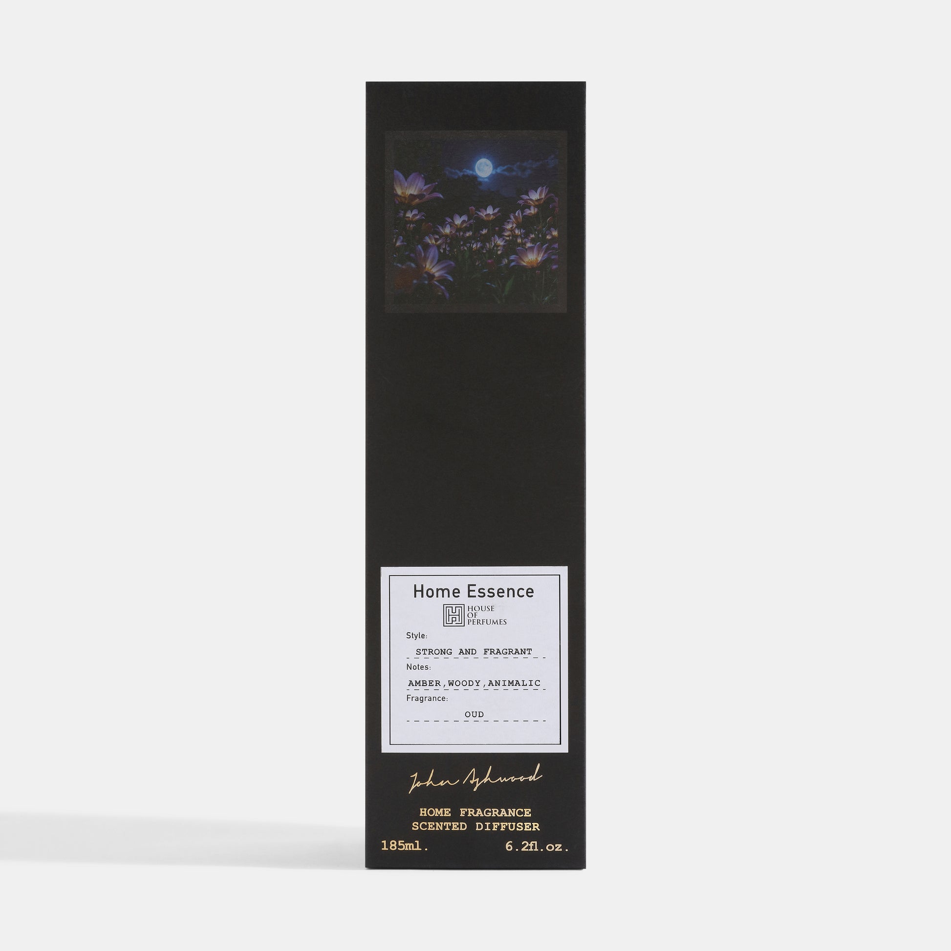 Black Oud Home fragrance scented diffuser packaging with 'Home Essence' branding on a white background