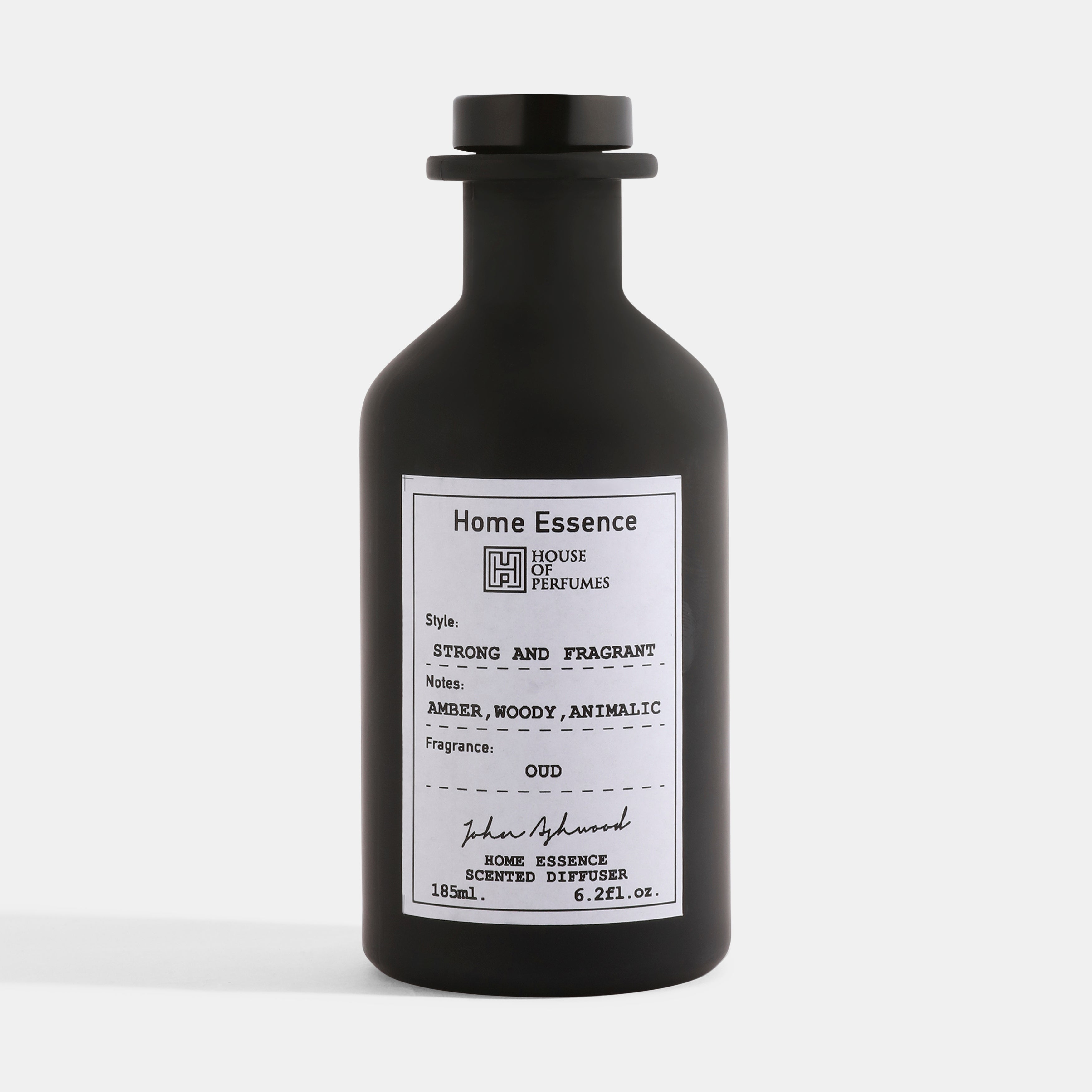 Black diffuser bottle with a label on a white background
