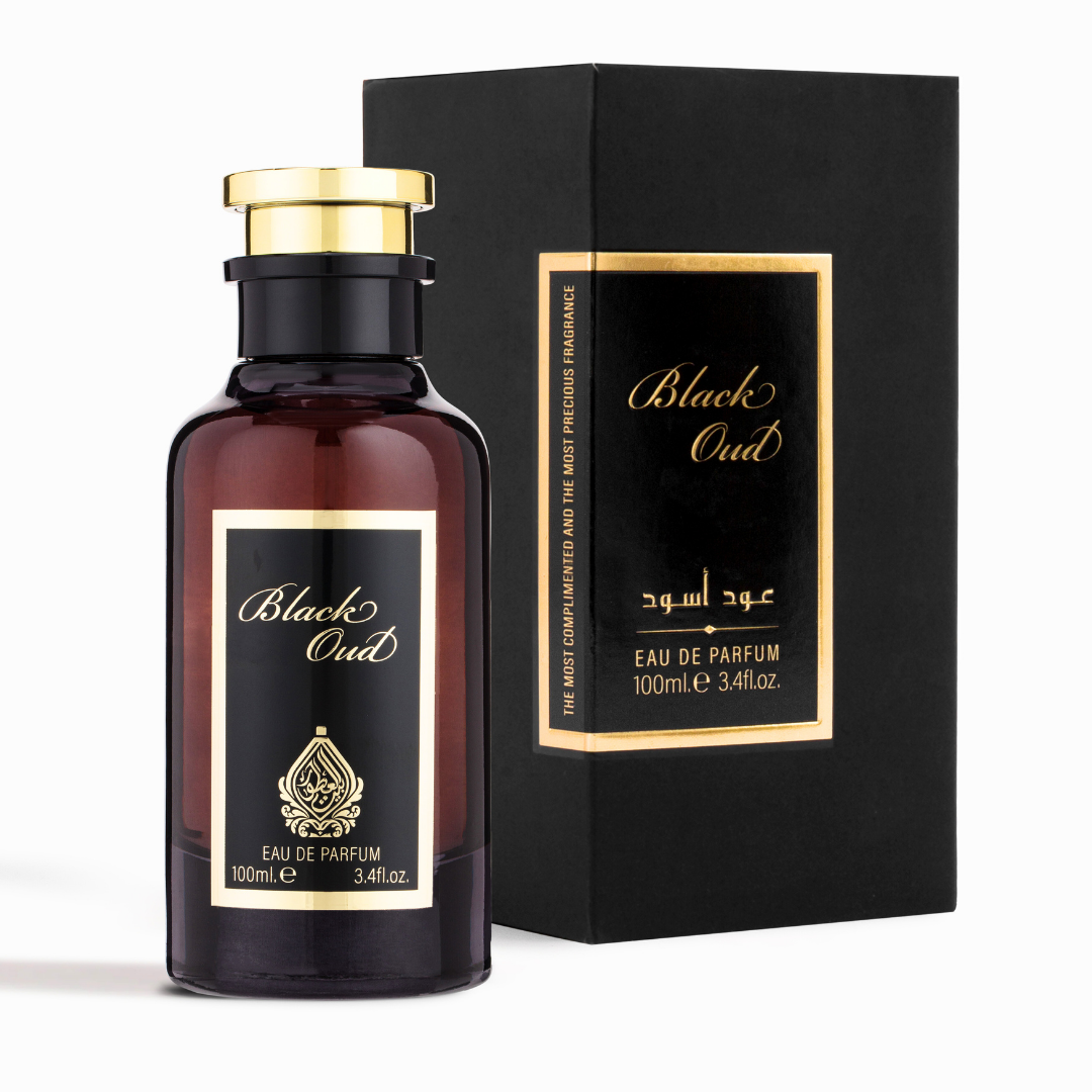Black Oud perfume bottle and packaging on a white background