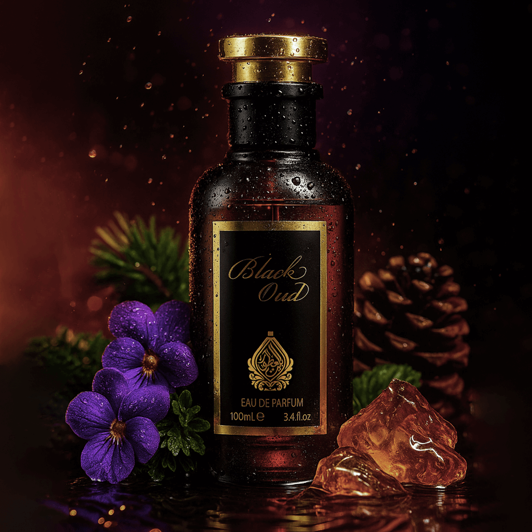 Perfume bottle labeled 'Black Oud' with decorative elements on a dark background - House of perfumes India