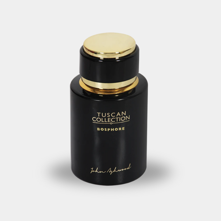 Black perfume bottle with gold cap and 'Tuscan Collection Bosphore