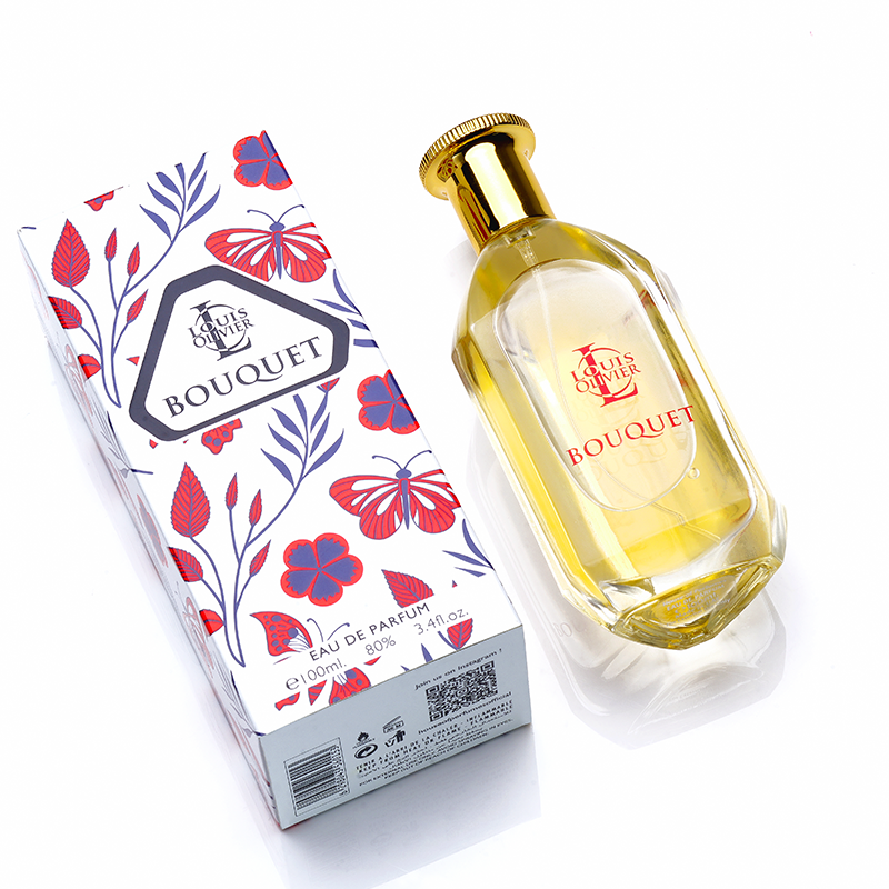 Bouquet Perfume bottle and packaging with floral design on a white background. House Of Perfumes India