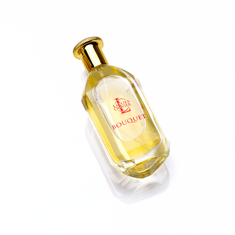 Perfume bottle labeled 'Bouquet' with gold cap on a white background. House Of Perfumes India