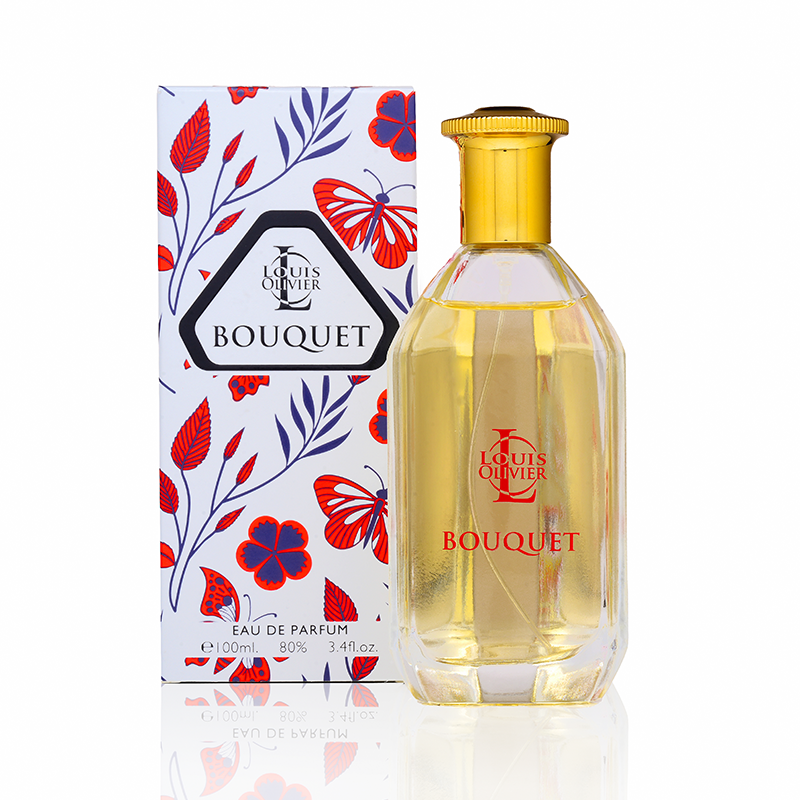 Louis Olivier Bouquet perfume bottle and packaging with floral design on a white background. House Of Perfumes India