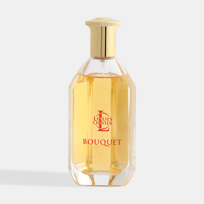 Two perfume bottles and their packaging with floral design on a white background