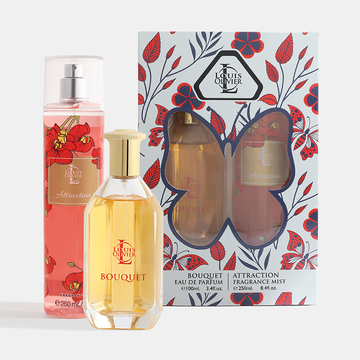 Two perfume bottles and their packaging with floral design on a white background