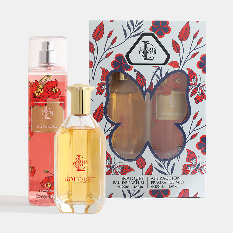 Two perfume bottles and their packaging with floral design on a white background