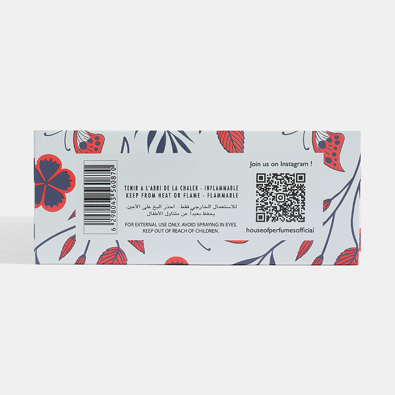 Product label with floral design and QR code on a white background  Bouquet-Gift-Set House of Perfumes India