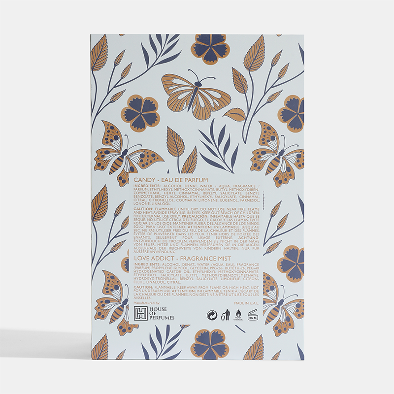 Product packaging with butterfly and floral design on a light blue Candy-Gift-Set House of perfumes India