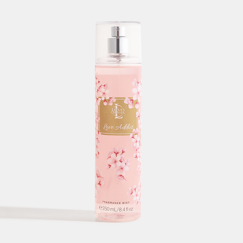 Pink fragrance mist bottle with cherry blossom design on a white Candy-Gift-Set House of perfumes Indiabackground