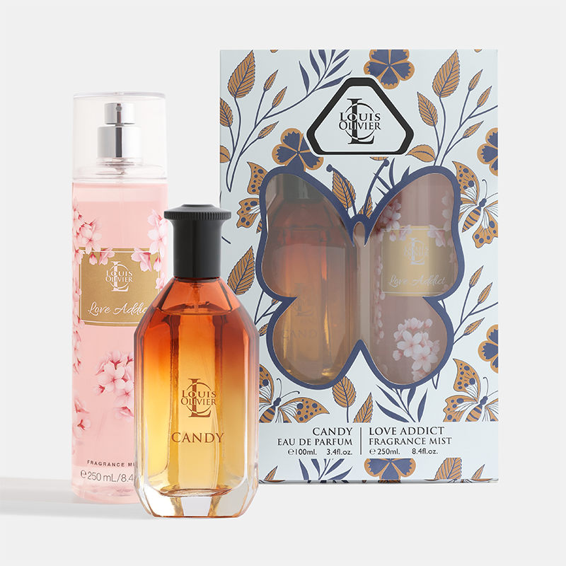 Two perfume bottles and their packaging on a white background Candy-Gift-Set House of perfumes India