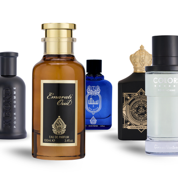 Collection of various perfume bottles on a white background