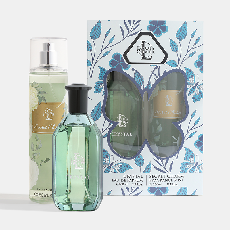 Louis Olivier perfume set with bottles and packaging on a white background Crystal-Gift-Set House of perfumes India