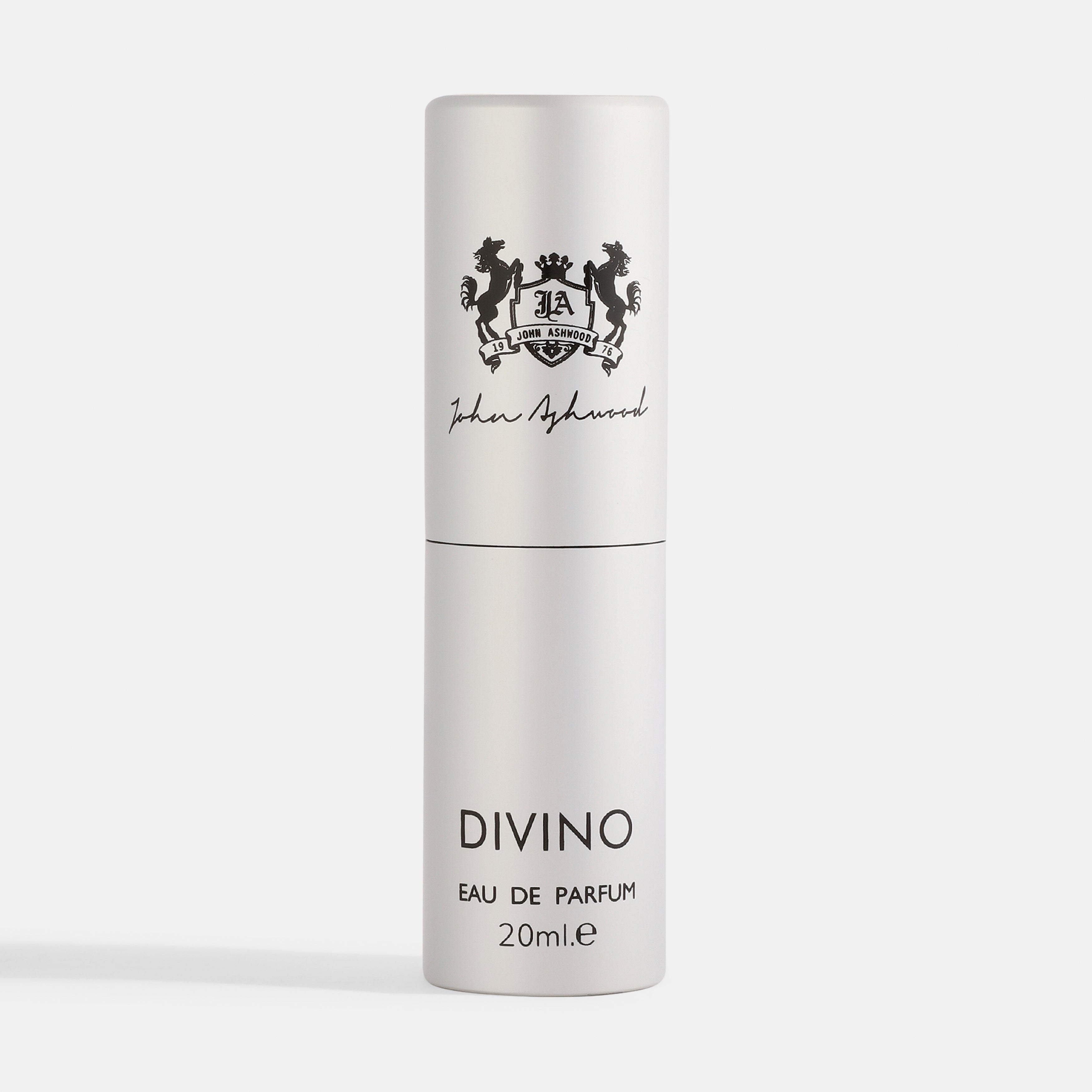 Silver perfume bottle labeled 'DIVINO' on a white background