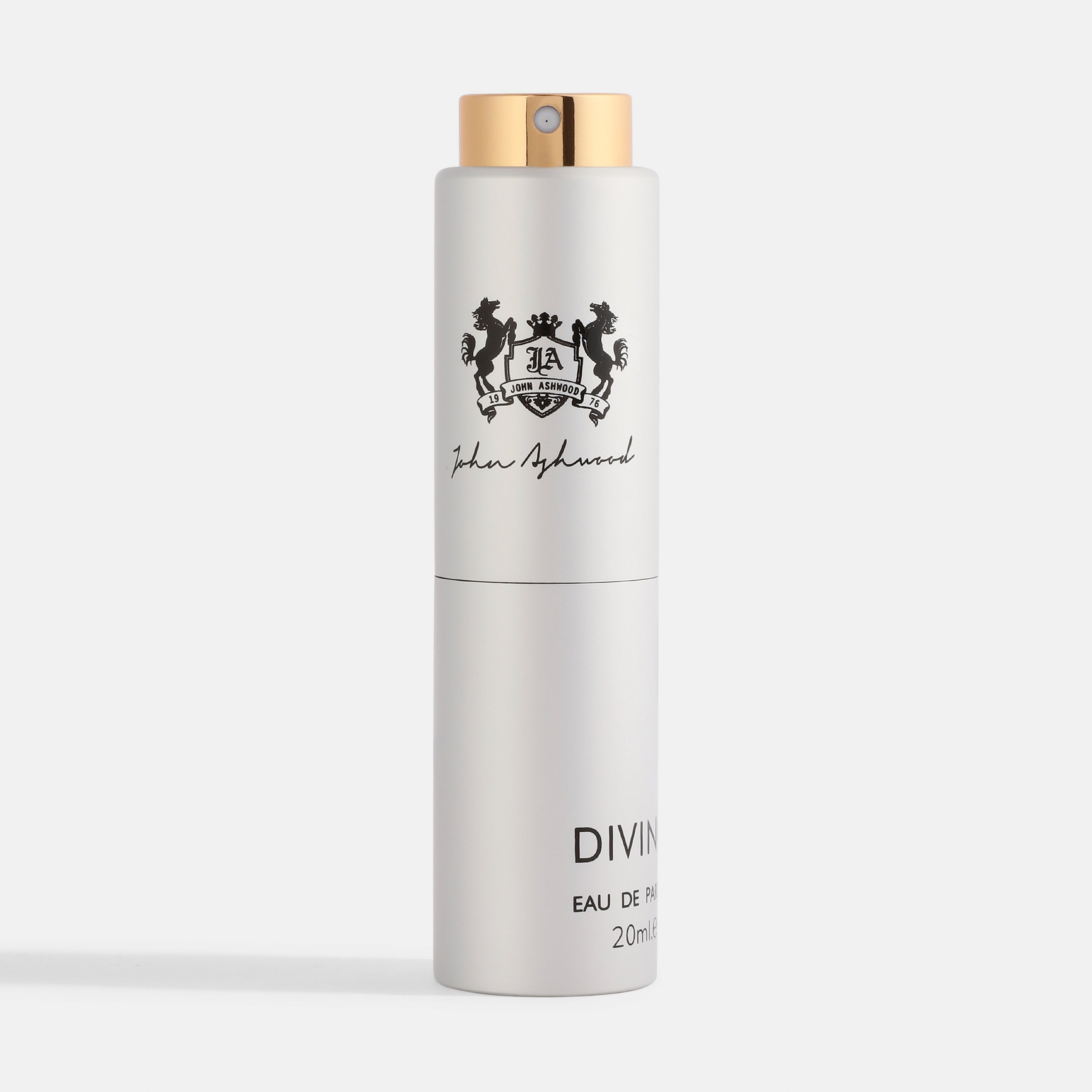 Divino White perfume bottle with gold cap on a white background