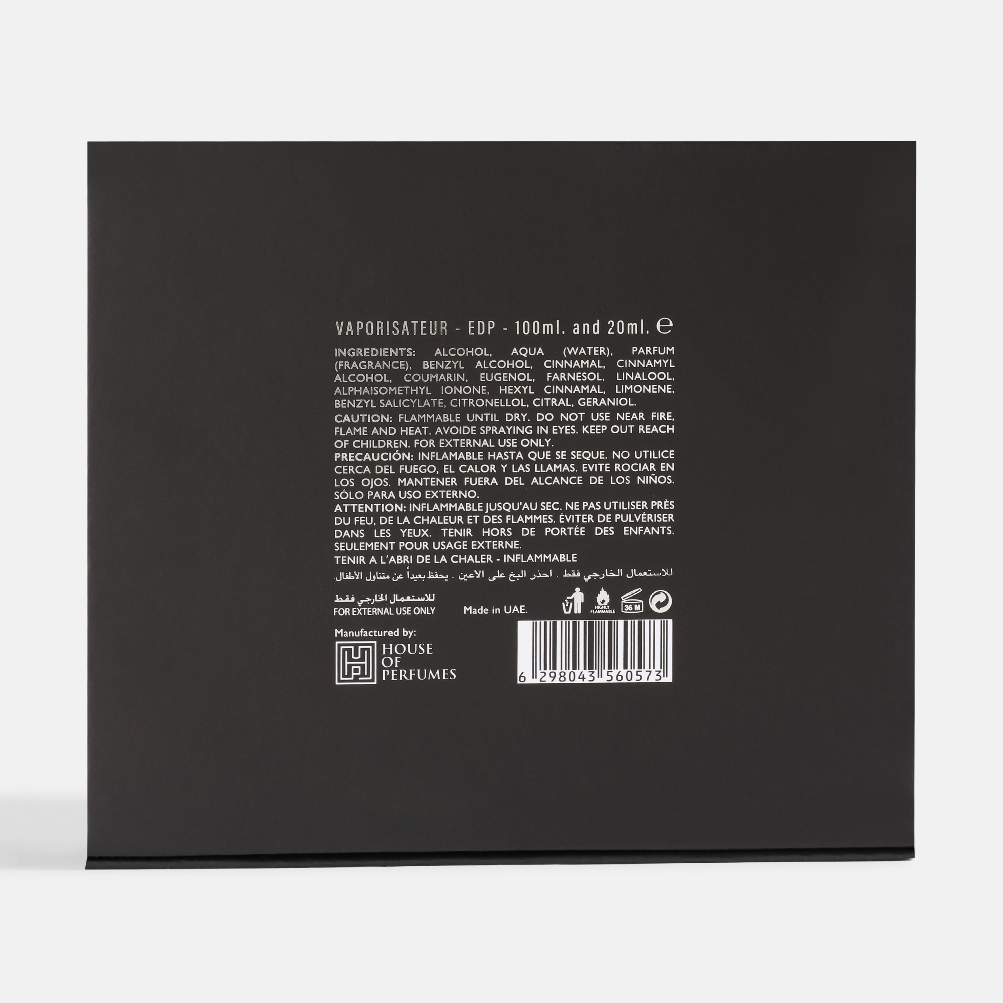 Divino Back of a black perfume packaging with text and branding on a white background