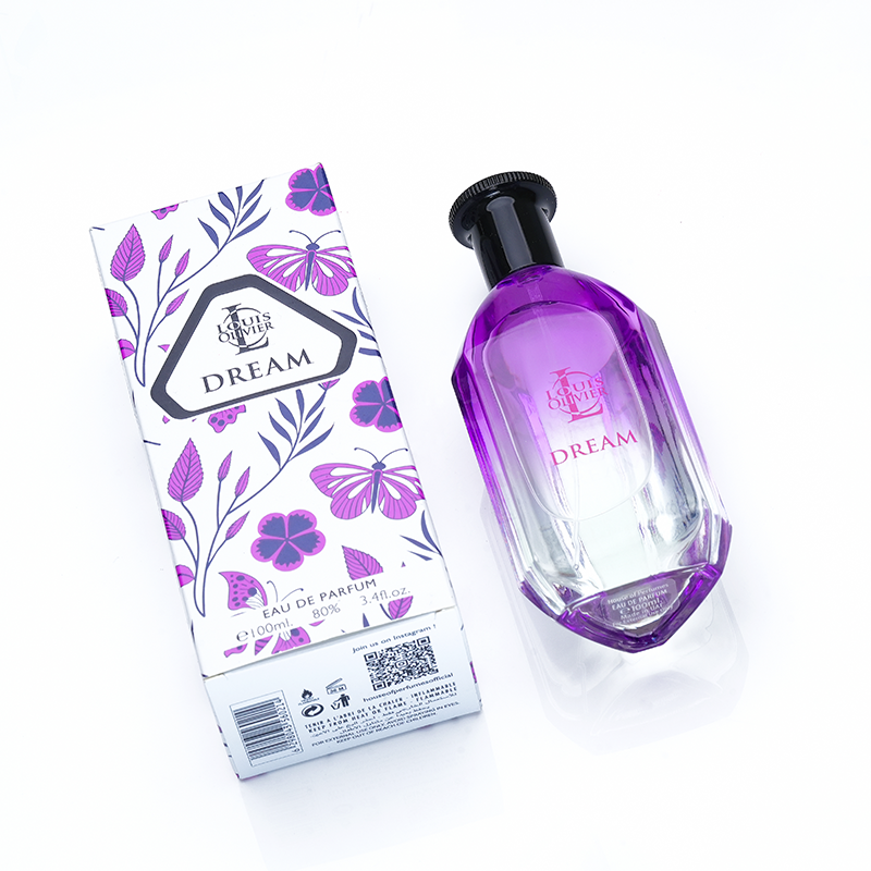 Purple perfume bottle and packaging with 'Dream' branding on a white background. House Of Perfumes India