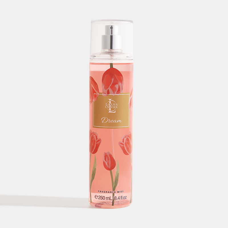 Fragrance mist bottle with tulip design on a white background. Dream-Gift-Set House of perfumes India