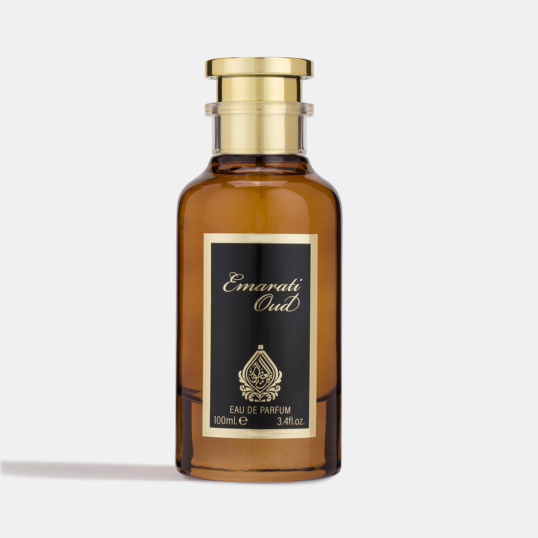 A bottle of Emirati Oud perfume with a gold-colored cap and a black label displaying the product name and fragrance type 'Eau de Parfum'.