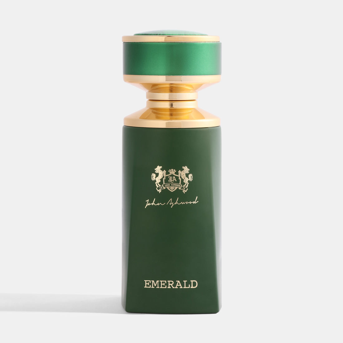 EMERALD Green perfume bottle with gold cap on a white background