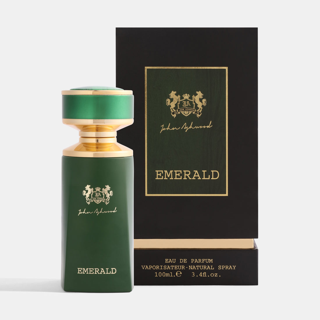 EMERALD Green perfume bottle with gold cap on a white background