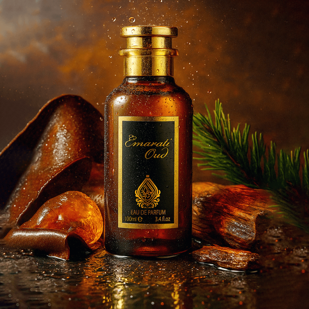 Brown Emarati_Oud perfume bottle with gold cap and label on a dark background