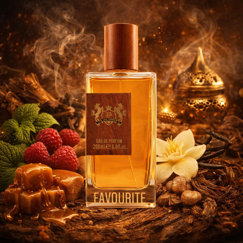 Perfume bottle labeled 'FAVOURITE' surrounded by raspberries, vanilla beans, and a smoking incense burner on a dark background.