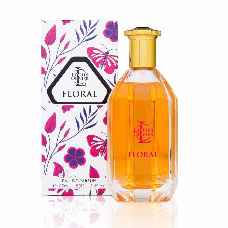 Louis Olivier Floral perfume bottle and packaging on a white background