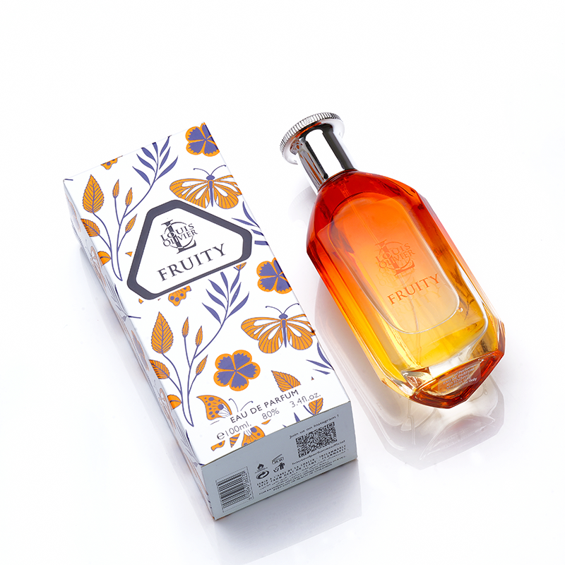 LO Fruity Perfume bottle and packaging with 'Fruity' branding on a white background