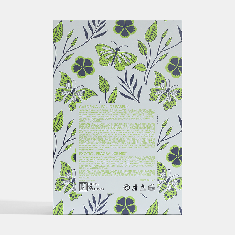 Product packaging with butterfly and leaf design on a light blue  Gardenia-Gift-Set House of perfumes Indiabackground