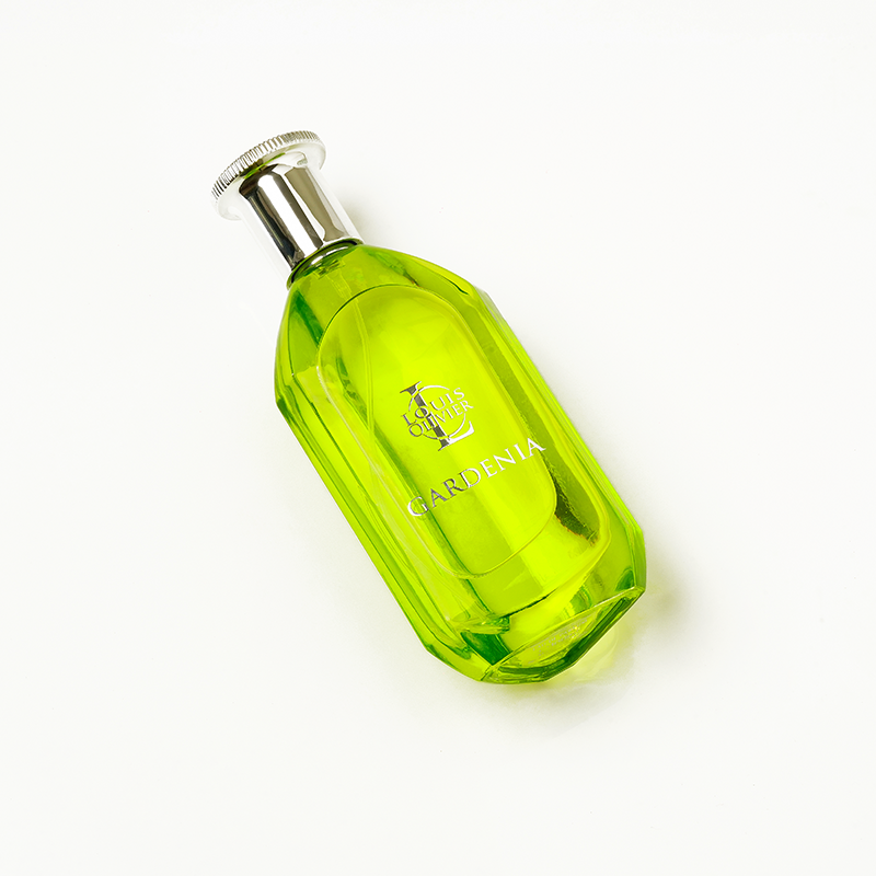 Louis Olivier Gardenia Green perfume bottle with silver cap on a white background