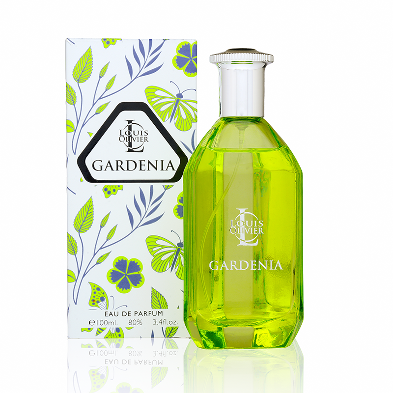 Louis Olivier Gardenia perfume bottle and packaging on a white background