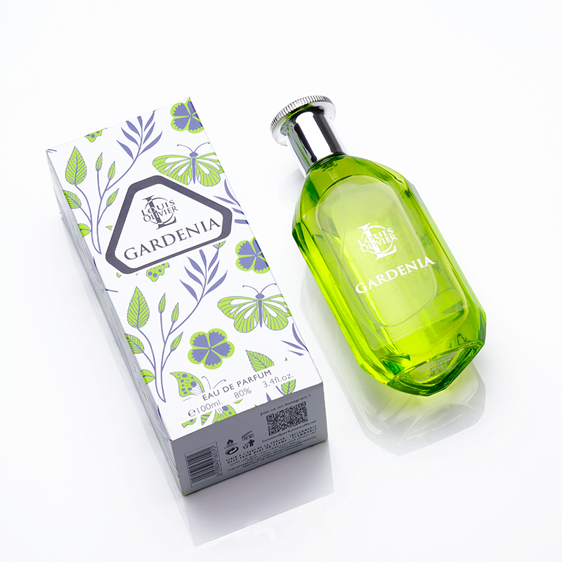 Louis Olivier Gardenia Green perfume bottle with 'Gardenia' packaging on a white background