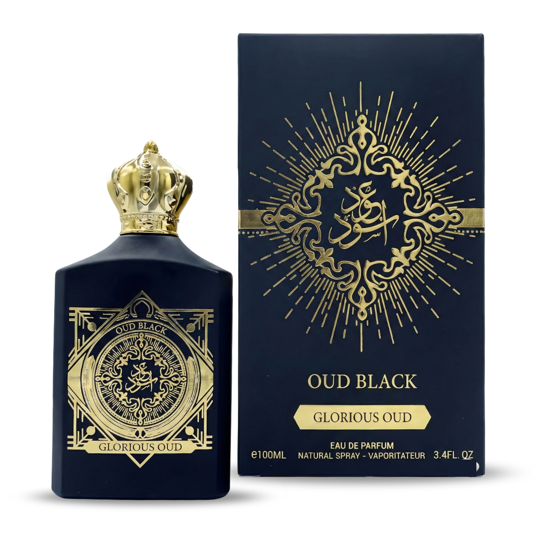 Oud Black Glorious Oud perfume bottle and packaging on a white background