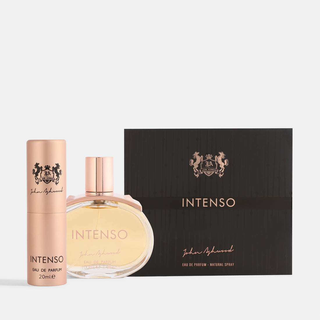 JA Intenso perfume set with bottle, box, and smaller bottle on a white background