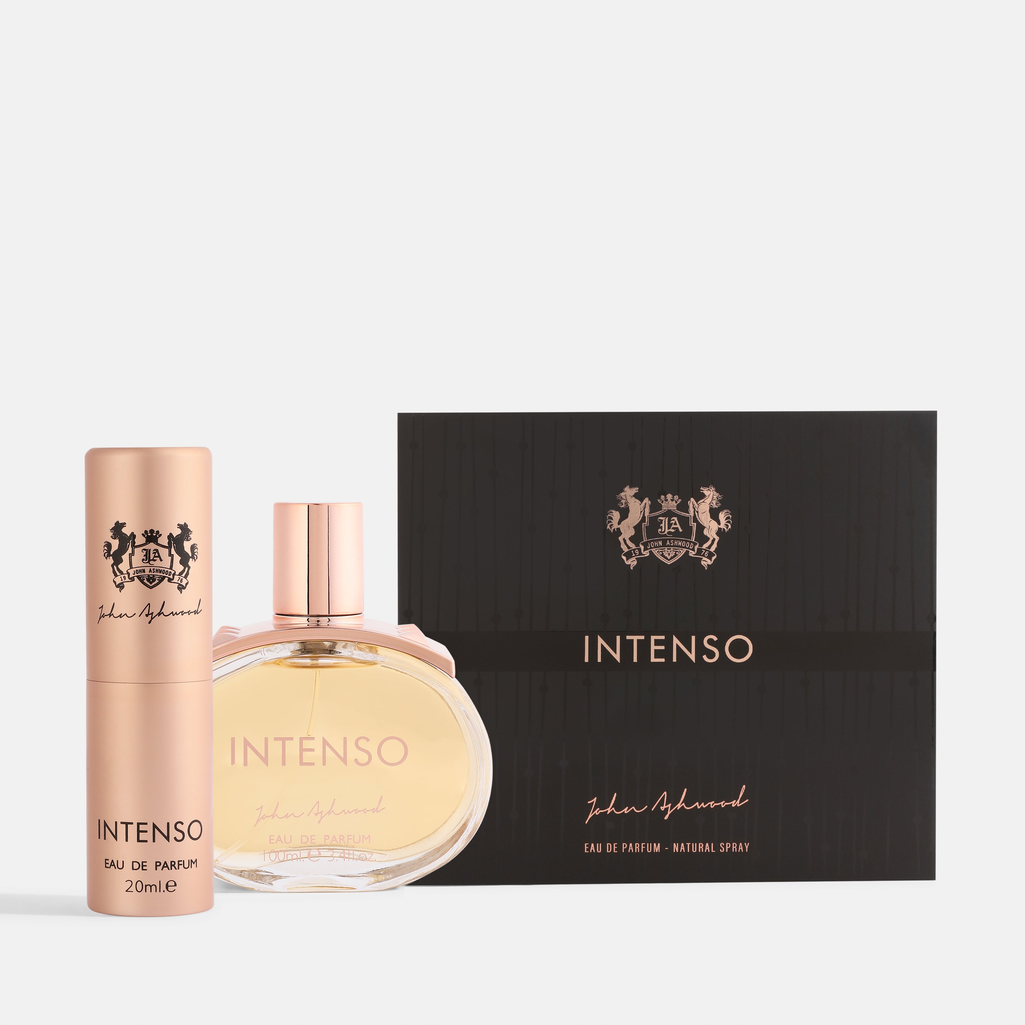 JA Intenso perfume set with bottle, box, and smaller bottle on a white background