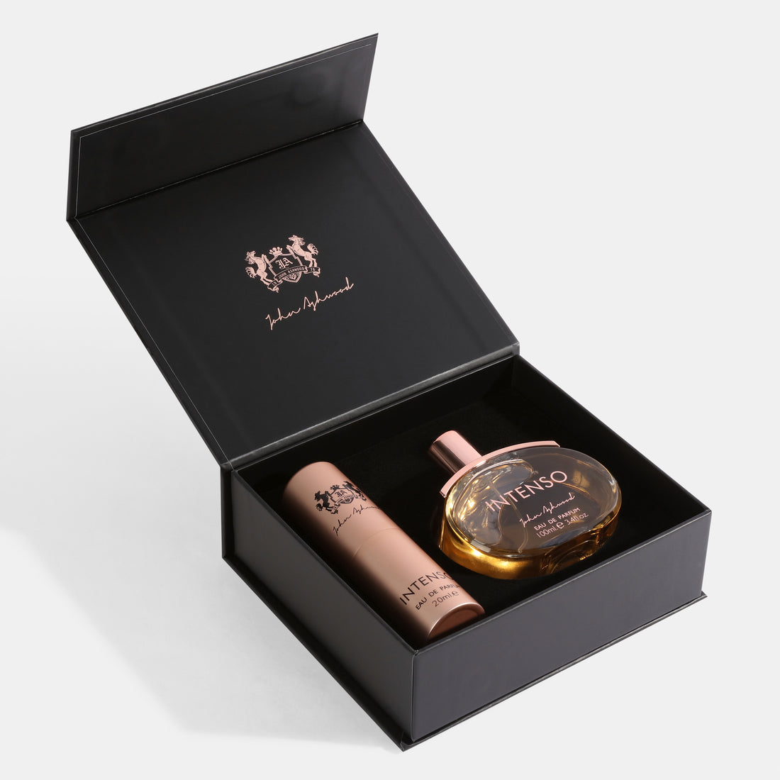 JA Intenso perfume set with bottle, box, and smaller bottle on a white background