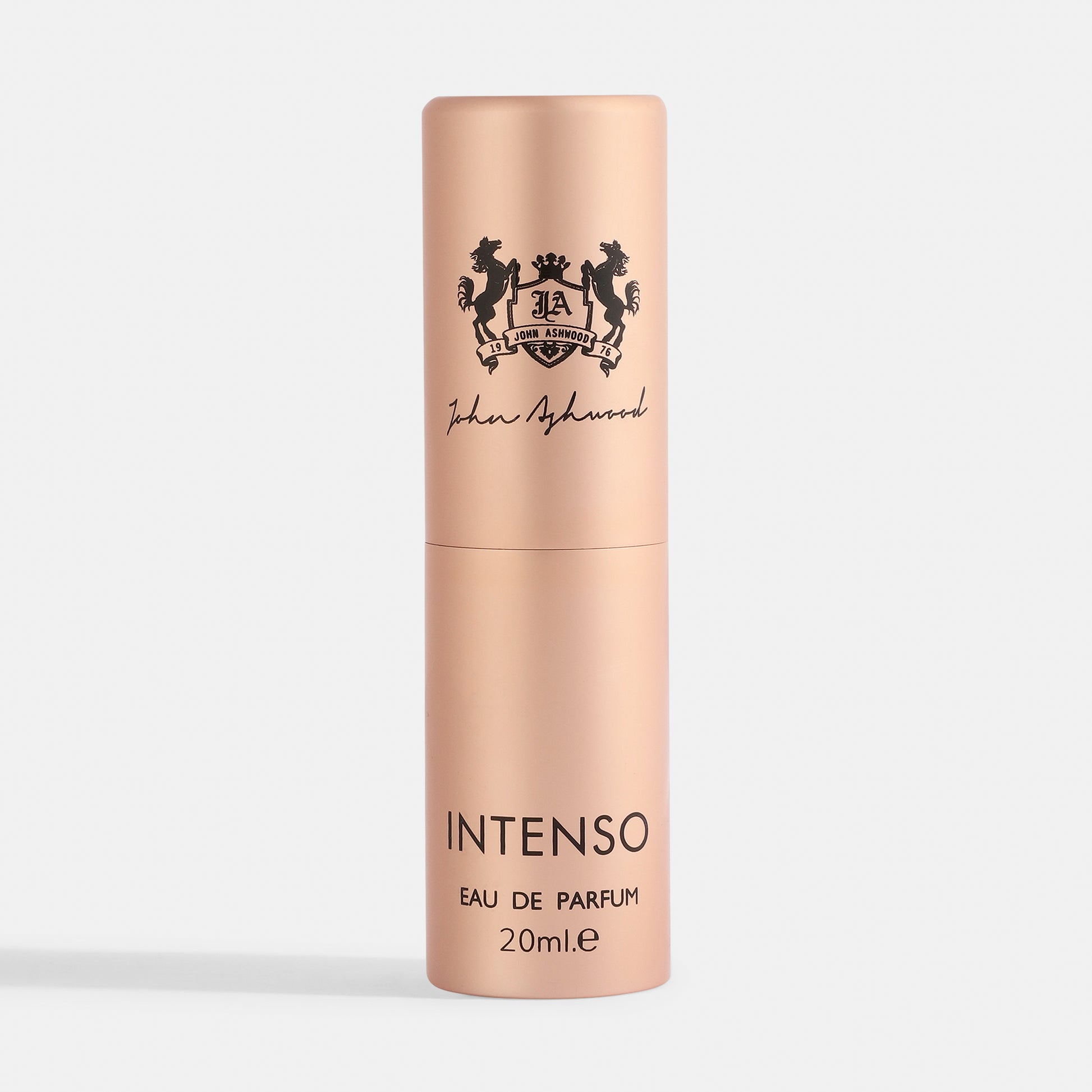 INTENSO Bronze-colored perfume bottle with 'JA' logo on a light gray background