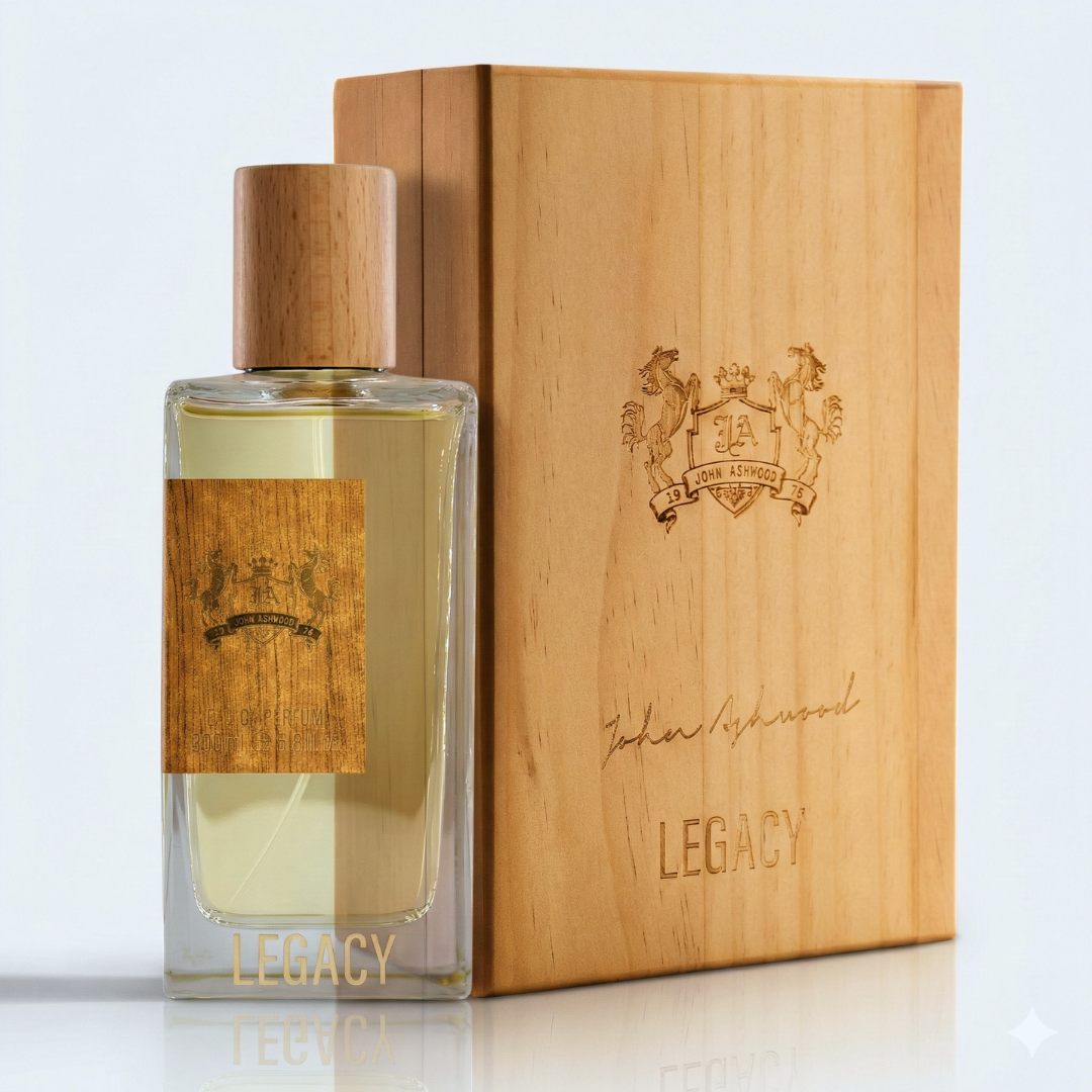 Perfume bottle with wooden cap and wooden box labeled 'Legacy' on a light gray background