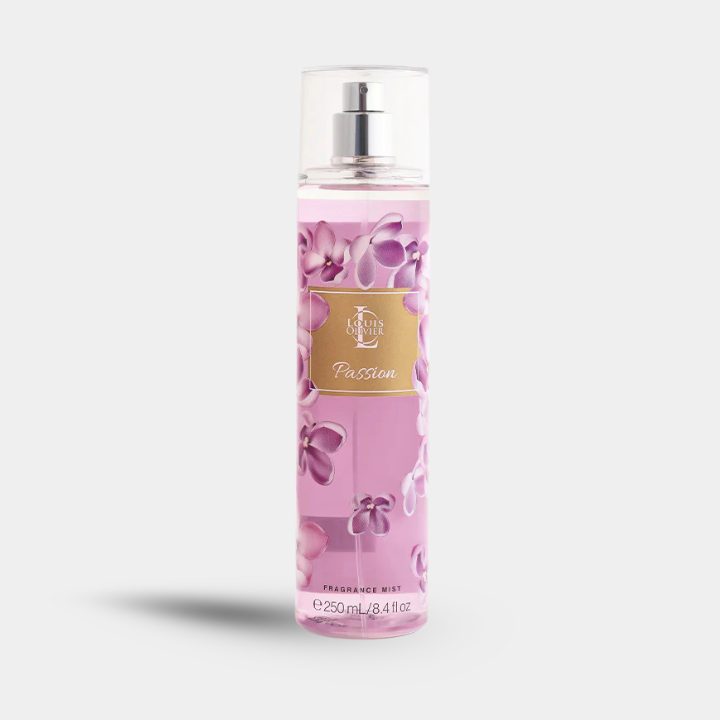A bottle of Passion body spray with a pink floral design and a gold label, shown on a light gray background.
