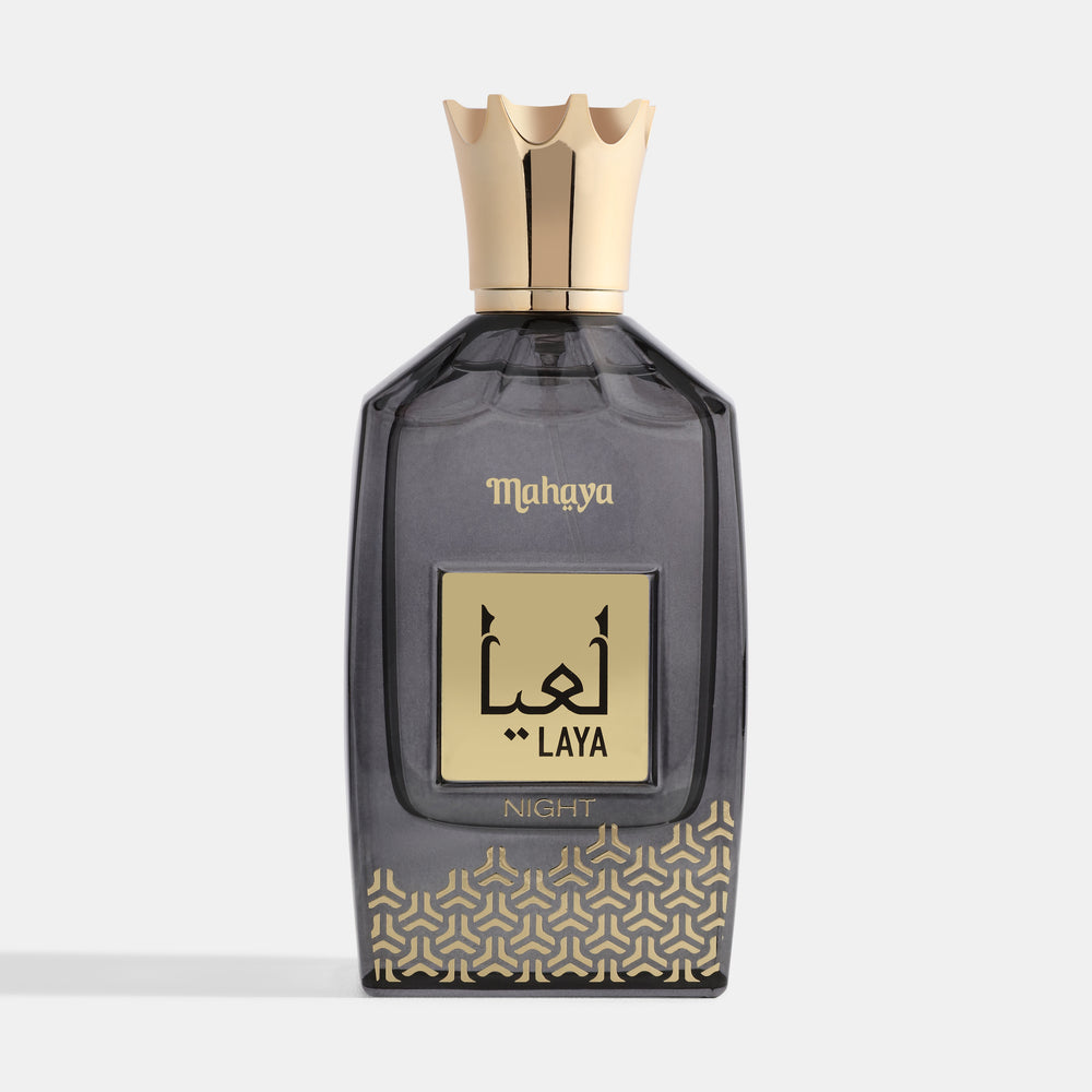 Laya Night Perfume bottle with gold cap and decorative label on a white background. House Of Perfumes India