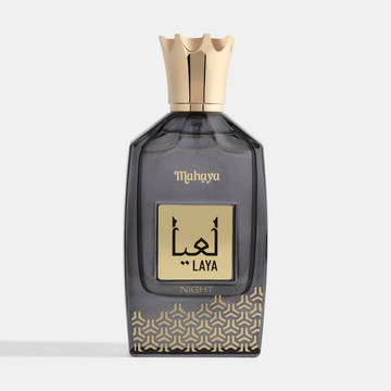 Laya Night Perfume bottle with gold cap and decorative label on a white background. House Of Perfumes India