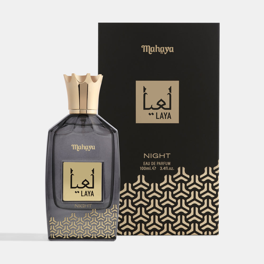 Perfume bottle and packaging with 'Mahuya Laya Night' branding on a white background. House Of Perfumes India