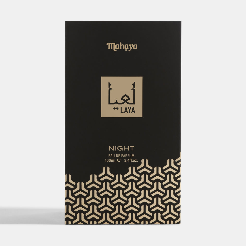Black and gold packaging of Mahuya Laya Night perfume on a white background. House Of Perfumes India